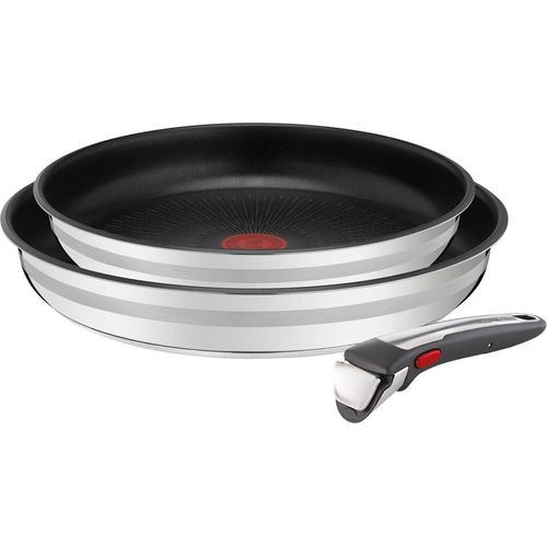 3-teiliges Bratpfannen-Set,ofenfest bis 250 °C ohne Griff, Thermosignal, PFOA-frei,für alle Herdarten inklusive Induktion geeignet,Edelstahl/Schwarz