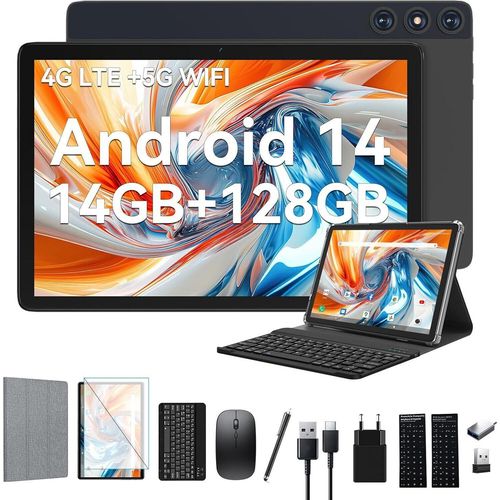 Android 14 Tablet 10 Zoll,4G LTE Tablets Mit 2 SIM 1 SD slot,5G Wifi Tablet PC Mit 14GB+128GB(1TBTF),3-in-1 Tablet Mit Tastatur Maus-Octa-core,1080FHD