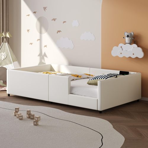 90X200 Gepolstertes Plattformbett mit Schutzgeländer und Ladestation, Weiß