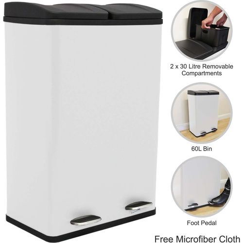 Doppel Tretmülleimer Edelstahl 60 L Mülltrennsystem Mülleimer Abfalleimer Weiß