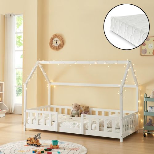 Kinderbett ’Sisimiut’ in Haus-Optik mit Matratze und Rausfallschutz Kiefernholz 90 x 200 cm Weiß