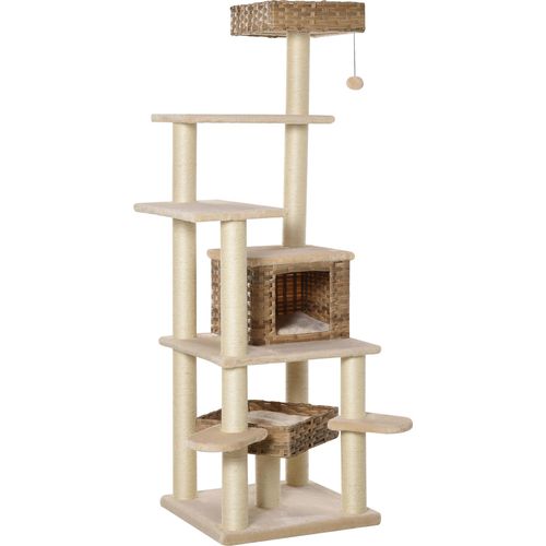 PawHut Rattan Kratzbaum mit Katzenhöhle Mehrstufiger Katzenbaum Kletterbaum für Katzen E1 MDF Sisal Beige+Braun 55 x 55 x 174 cm