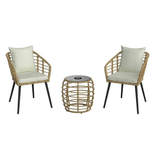 Ambia Garden Balkonset , Natur, Schwarz, Beige , Metall, Kunststoff, Glas, Textil , 3-teilig , Füllung: Polyester,Schaumstoff , konisch , 56x72x66 cm , Beleuchtung , Balkonmöbel, Balkonmöbel-Sets