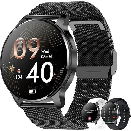 Smartwatch für Damen und Herren, Anruf und Benachrichtigungen, Sprachassistent, Fitness, Digitaluhr mit Herzfrequenzmesser für Android iOS
