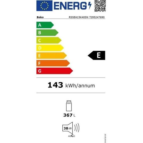 Beko RSSE415K40SN, 367 l, SN-T, 38 dB, E, Grau