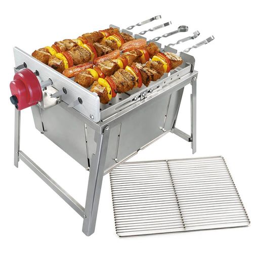 Rambo TOGO: Grill SET - kleiner Schaschlik Grill, Edelstahl Mangal, Grill mit Motor, Campinggrill, inkl. Powerbank & Spieße