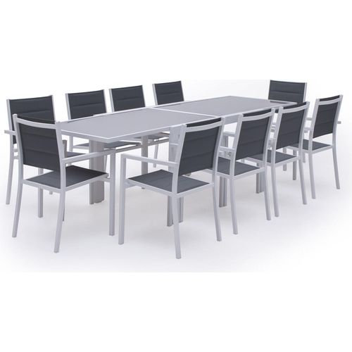 Gartenmöbel LAMPEDUSA ausziehbar aus grauem Textilene 10 Sitzplätze - Weißaluminium