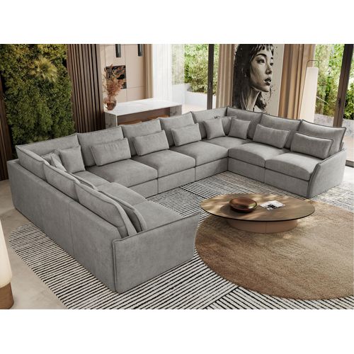MKS MEBLE Ecksofa VERSO U 9M mit losen Kissen, Big Sofa XXL, modulares U förmiges Ecksofa mit Armlehnen, Wohnlandschaft - Hellgrau Struktur Image