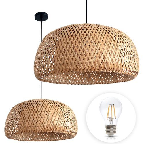 Set BAKU L Large Pendelleuchte 1xE27 natürlich geflochten schwarzer Überhang + 7W E27 Warm Colour Glühbirne