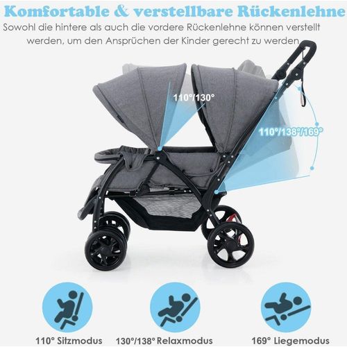 Geschwister Kinderwagen Faltbarer Geschwisterwagen Zwillingswagen Zwillingsbugg Grau