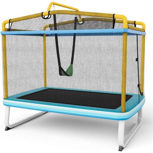Rechteckiges 3-in-1-Trampolin für Kinder 190 x 124 cm großes Freizeittrampolin mit Netz Blau + Gelb