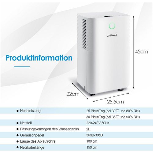 15 Entfeuchter 15L Entfeuchter mit 3 Modi Mobile Luftentfeuchter 25,5 x 22 x 45 cm Weiß