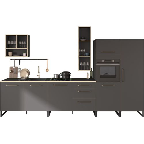 Küchenzeile >Wave 2< in dunkel grau, Absetzungen in Eiche - 360cm (B)