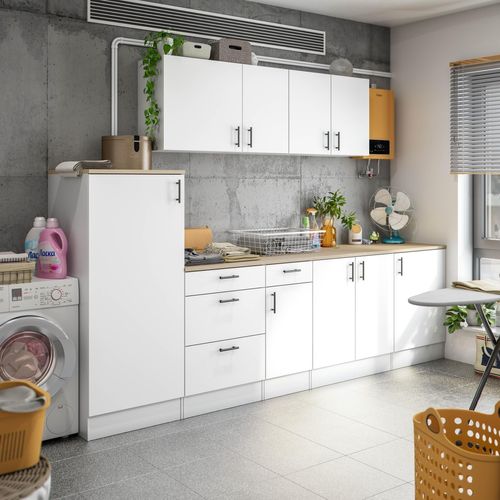 Küchenblock >KIRA< in Weiß glänzend / Eiche Nachbildung - 300x211x60 (BxHxT)