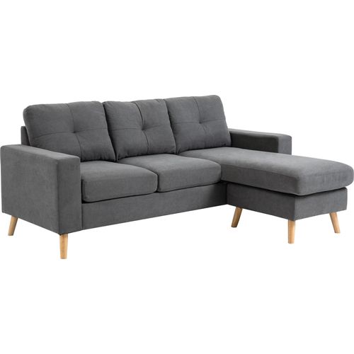 Ecksofa im Skandidesign, mit Knopfheftung, Massivholz, Leinenoptik, Grau