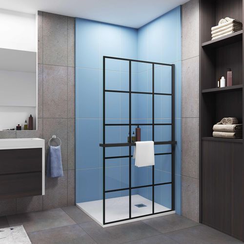 AICA 90x200cm 8mm NANO Glas Walk In Schwarz Duschwand mit Glasdekor Gitter mit Duschregal