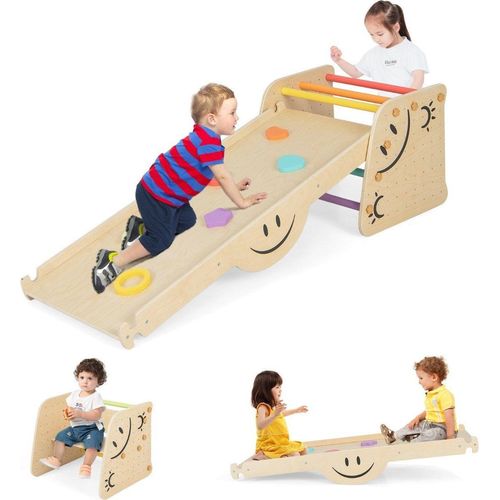 Holzkletterer-Set mit Umkehrbarer Rampe & Wippe & Kletterleiter & Smiley Gesichtsmustern Kletterspielzeug