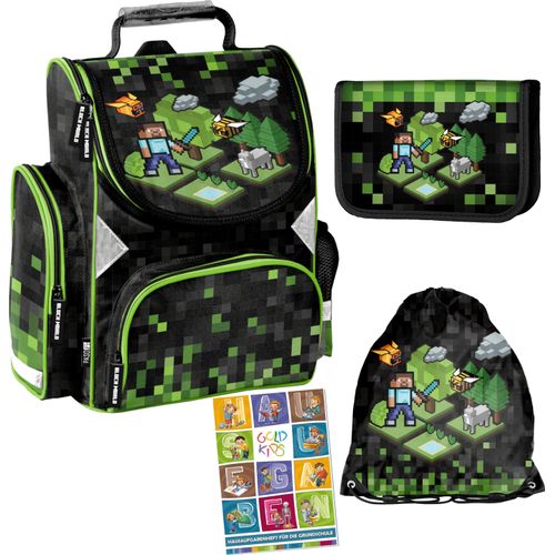 Schulranzen Set Game Pixel ergonomischer Ranzen Federmappe Turnbeutel Aufgabenheft für die Grundschule 4er Set. Geeignet ab der ersten Klasse der Grundschule.