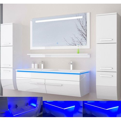 Doppelwaschtisch 120 Weiß Hochglanz 120 Doppelwaschbecken Badmöbel Set Bad Led System Fertig Montiert Lackiert