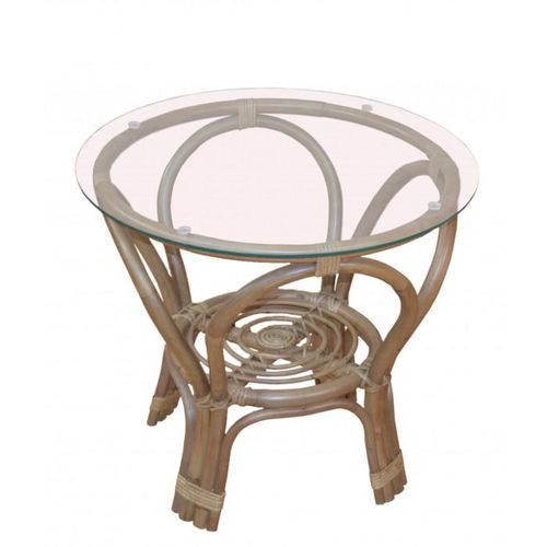 Rattantisch rund in grau mit Klarglasplatte