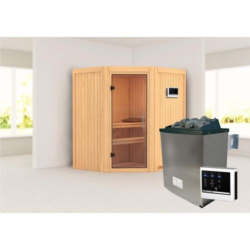 Sauna Taurin : Klare Ganzglastür : ohne Dachkranz : 9 kW finnisch Ofen + Steuergerät Easy Finnisch Dachkranz: ohne Dachkranz Saunaofen: 9 kW finnisch Ofen + Steuergerät Easy Finnisch Saunatür: Klare Ganzglastür