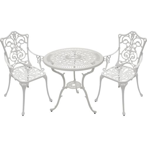 DEGAMO Bistroset Gartenset Sitzgruppe in Jugendstiloptik 3-teilig, Aluguss weiss, wetterfest