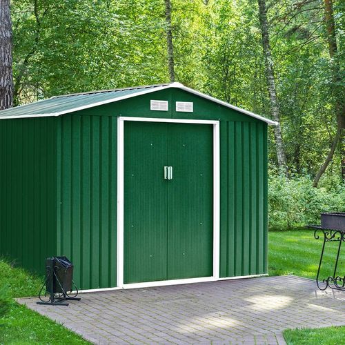 GOPLUS Gerätehaus 2,37, 4,39m³, Geraetehaus Metall, Schuppen Gartenhaus Geraeteschuppen inkl. Metallfundament aus Stahl, Türgröße: 96x152cm