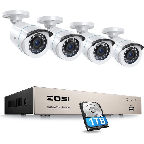 ZOSI 8CH H.265+ 1080P DVR Überwachungssystem mit 1TB Festplatte und (4) 2MP Außen Video Kamera Set, 24M IR Nachtsicht