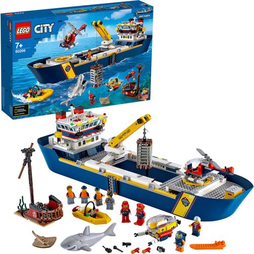 LEGO 60266 City Meeresforschungsschiff Spielzeug-Set fürs Spielen im Wasser mit Schiff, Boot, Hubschrauber, U-Boot und Hai-Figur für Kinder ab 4 Jahre