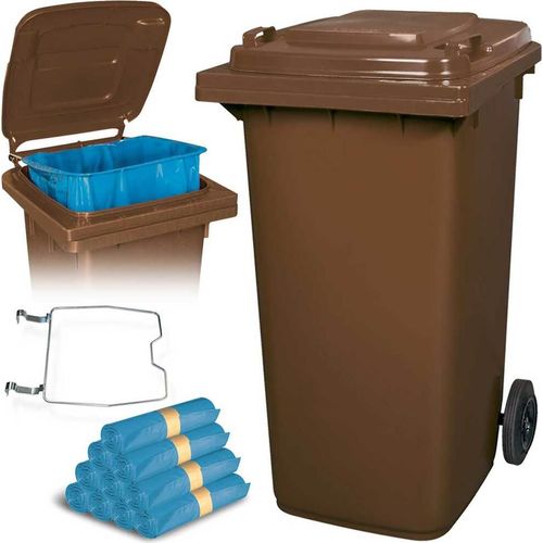 BRB 240 Liter Mülltonne braun mit Halter für Müllsäcke, inkl. 100 Müllsäcke