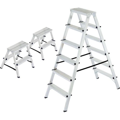 3 Alu-Doppelleitern, 2x Doppelleiter 2x 2 Stufen + 1x Doppelleiter 2x 6 Stufen