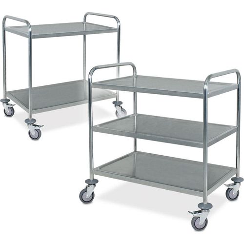 2 Servierwagen/Etagenwagen aus Edelstahl, 1x Edelstahl-Servierwagen mit 2 Böden, 1x Edelstahl-Servierwagen mit 3 Böden