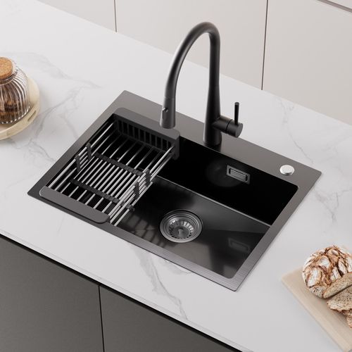 CECIPA MAX Spülen mit Ablaufplatte 60cm × 45cm Spülbecken aus Edelstahl Waschbecken Anthrazit Schwarz