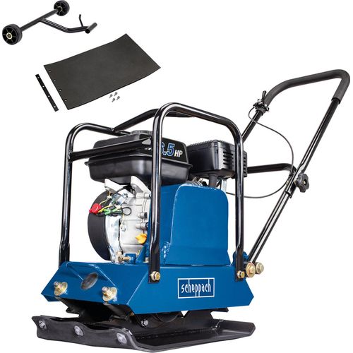 Scheppach Rüttelplatte HP1200S | 6,5 PS Benzinmotor | 15 kN Verdichtungsdruck | 450 x 350 mm Plattengröße | inkl. Fahrvorrichtung und Gummimatte