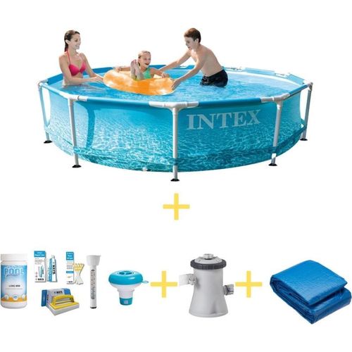 Intex Metal Frame Pool - Strandseite - 305 x 76 cm - Inklusive WAYS Wartungspaket, Filterpumpe & Bodenplane