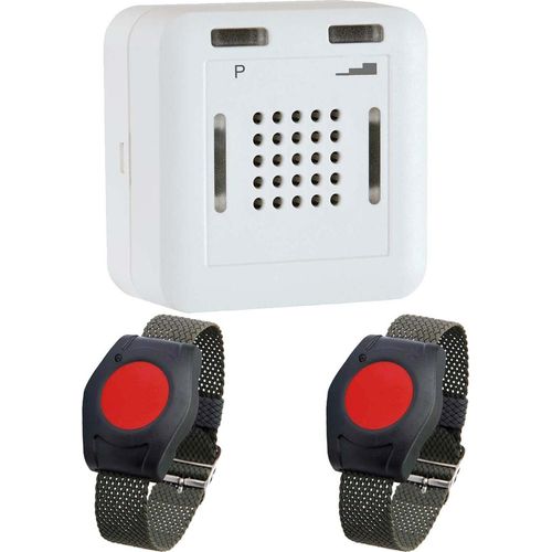 ELDAT Pflegeruf Set für Zwei: Hausnotruf ohne Quittierungsfunktion mit 2x wasserdichtem Notrufarmband für die häusliche Pflege; Funk Notrufsystem mit 2x Notruf Armband; Notrufknopf für Senioren