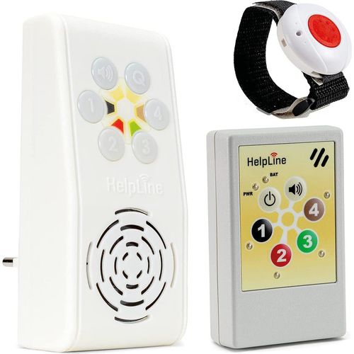 Kombi-Notrufsystem HelpLine 2.0 und -Steckdosenempfänger für die häusliche Pflege; Notrufsystem mit Funk Notruf Armband; Notrufknopf für Senioren; Pflegeruf Set