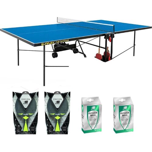 Tischtennisplatte Outdoor blau + Netz + Tischtennisschläger + Tischtennisbälle