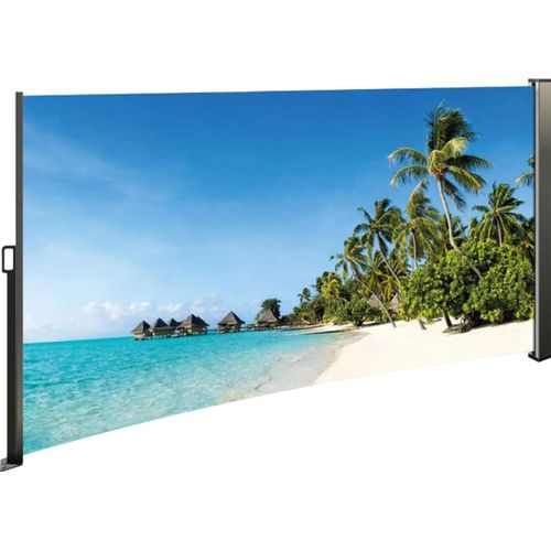 Seitenmarkise ausziehbar links, 180 cm hoch, Seitenrollo mit Fotodruck Südsee