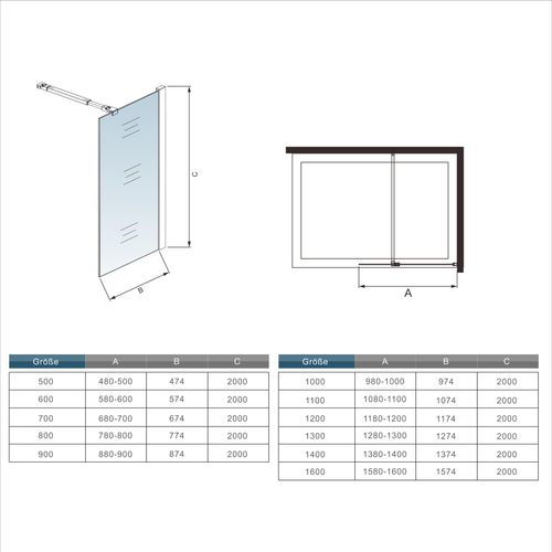 Glaswand (Gittermuster)90x200cm 8mm NANO ESG Glas Schwarz Duschwand Duschglaswand + 73-120cm Stabilisierungs Stange