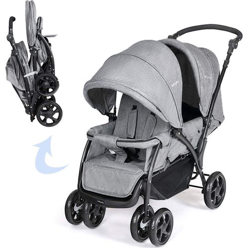 Geschwisterwagen 2 in 1, Doppelkinderwagen Faltbar Zwillingswagen Puppenwagen, Kinderwagen Babywagen mit Doppelsitz, Reisebuggy für Geschwister, Grau