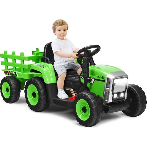 Traktor mit Abnehmbarem Anhänger, Kindertraktor mit LED-Licht & Musik & Fernbedienung, Trettraktor mit max. Tragfähigkeit von 30 kg, Aufsitztraktor (Grün)