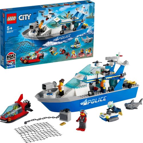 LEGO 60277 City Polizeiboot Spielzeug mit Drohne, Wasserscooter und Mini-U-Boot, Polizei-Verfolgungsfahrzeuge