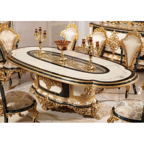 Casa Padrino Luxus Barock Esstisch Weiß / Blau / Gold - Prunkvoller Massivholz Esszimmertisch im Barockstil - Barock Esszimmer Möbel - Edel & Prunkvoll