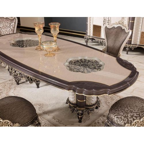 Casa Padrino Luxus Barock Esstisch Grau / Braun / Gold - Prunkvoller Massivholz Esszimmertisch im Barockstil - Barock Esszimmer Möbel - Edel & Prunkvoll