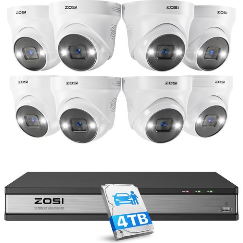ZOSI 5MP Überwachungskamera Set, 8X 5MP PoE IP Kamera mit 16CH 4TB HDD NVR, Personenerkennung und Fahrzeugerkennung, Spotlight, 2 Wege Audio