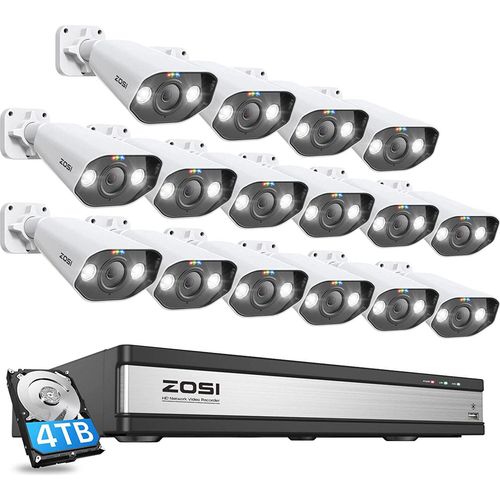 ZOSI 5MP Überwachungskamera Set, 16CH 4K 4TB PoE NVR und 16X 5MP PoE IP Kamera für Personenerkennung, Farbnachtsicht