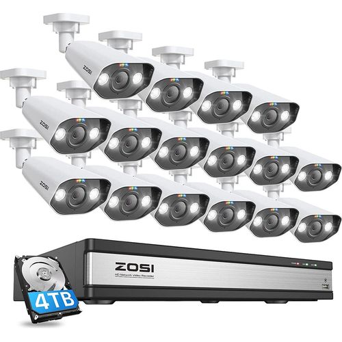 ZOSI 4K Überwachungskamera Set mit 2 Wege Audio, Videoüberwachung mit 16X 8MP PoE Kamera und 16CH 4TB HDD NVR, Personenerkennung