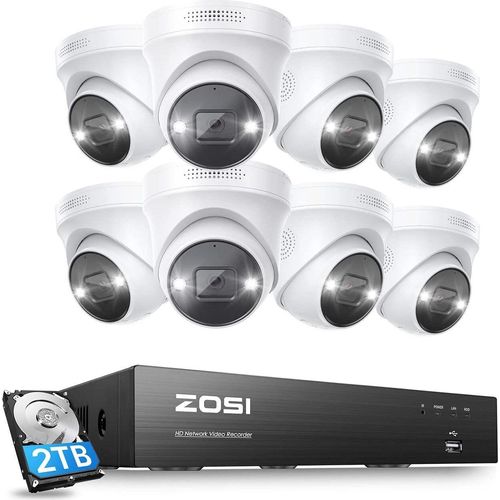 ZOSI 4K Überwachungskamera Set, 8X 8MP PoE IP Dome Kamera Überwachung Aussen mit 8CH NVR 2TB HDD, 2-Wege Audio, KI Personenerkennung, Farbnachtsicht, 24/7 Videoüberwachung, C225