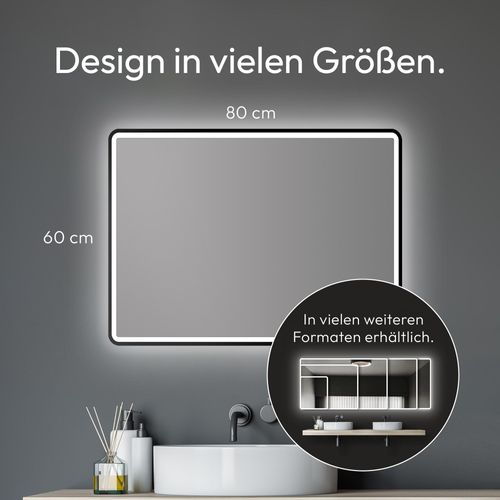 LED Badspiegel TALOS 80x60 cm - feuchtraum geeigneter Badezimmerspiegel mit Beleuchtung matt schwarzer Aluminiumrahmen Wandspiegel Lichtumrahmung